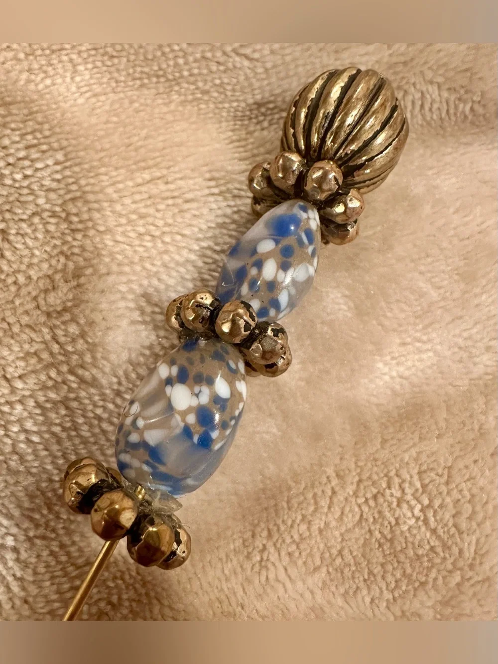 Blue and White Glass Bead Gold-Tone Drop Stick pin with cap